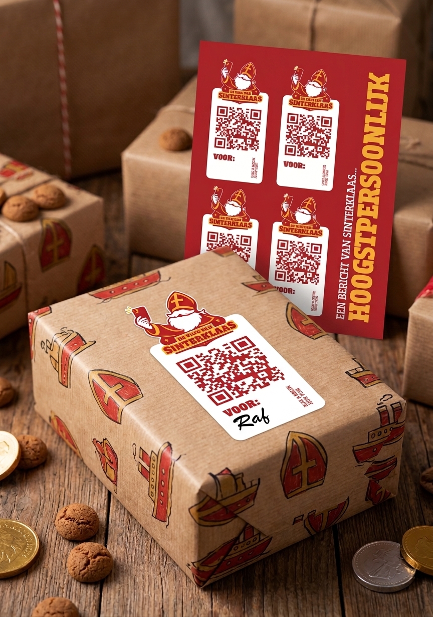 QR-sticker op een cadeautje bij de schoen, klaar om te scannen