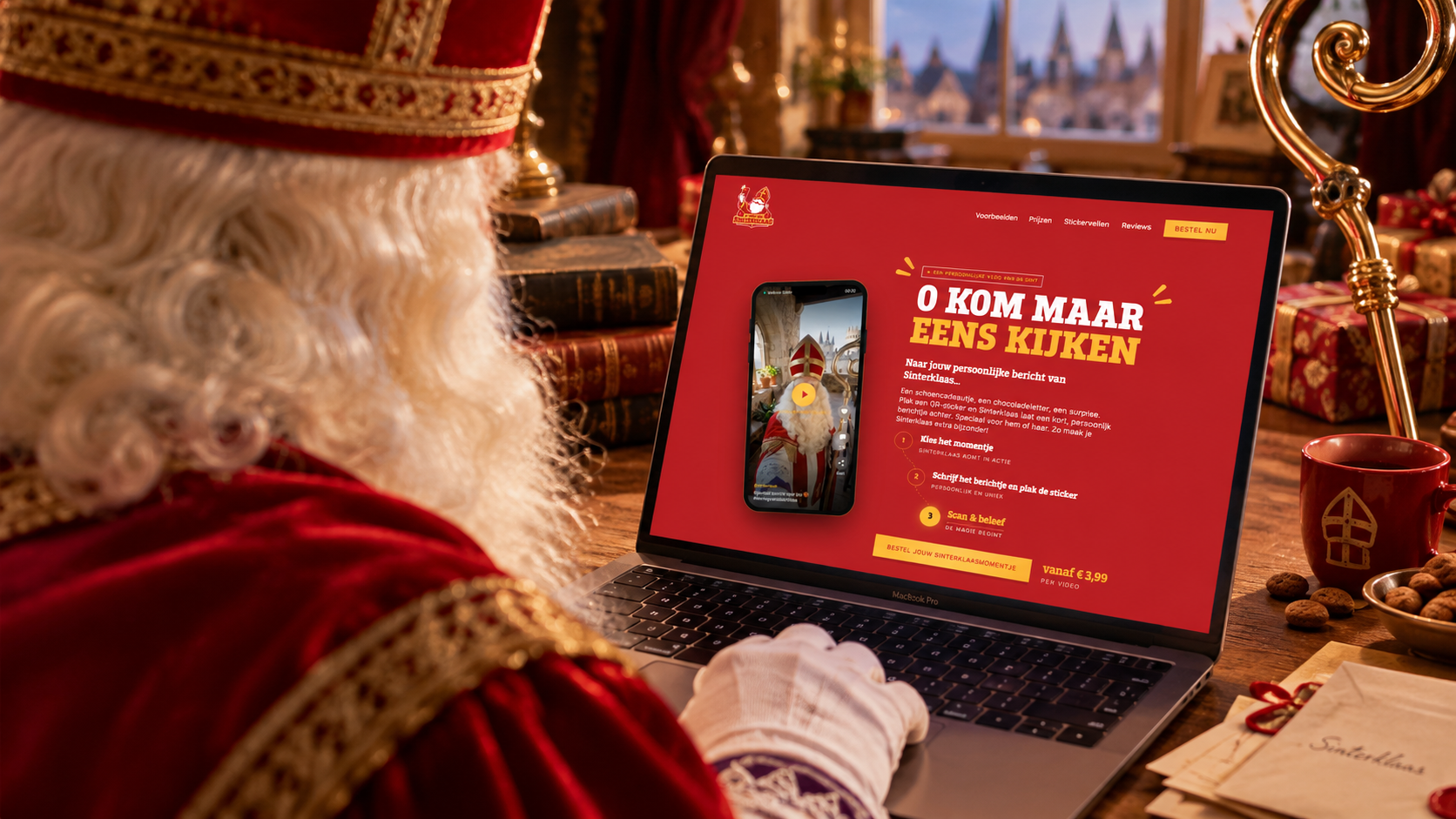 Sinterklaas bestelt een persoonlijke vlog achter zijn laptop